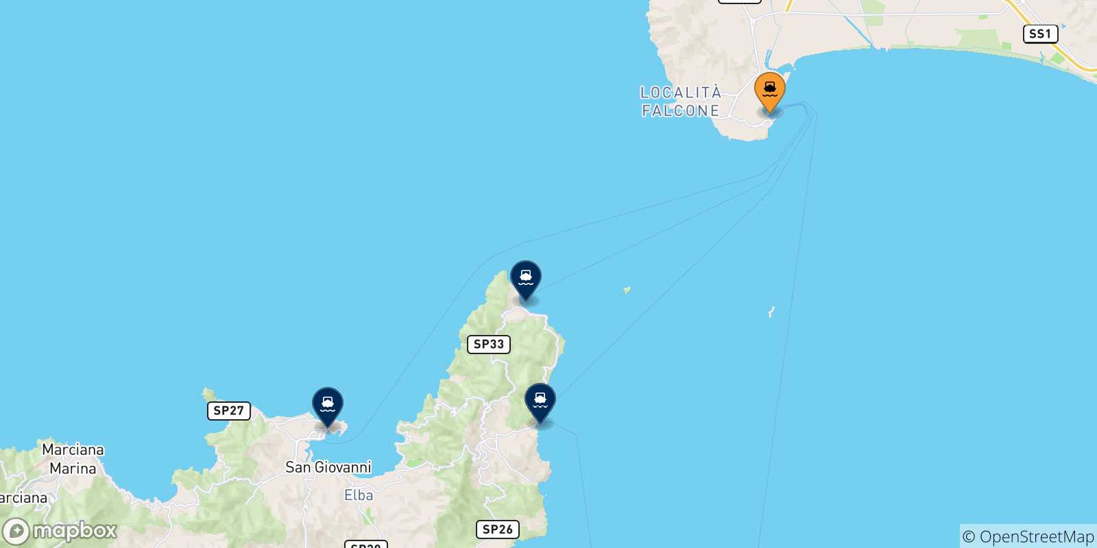 Carte des traversées possibles entre Piombino et l'Île D'elbe