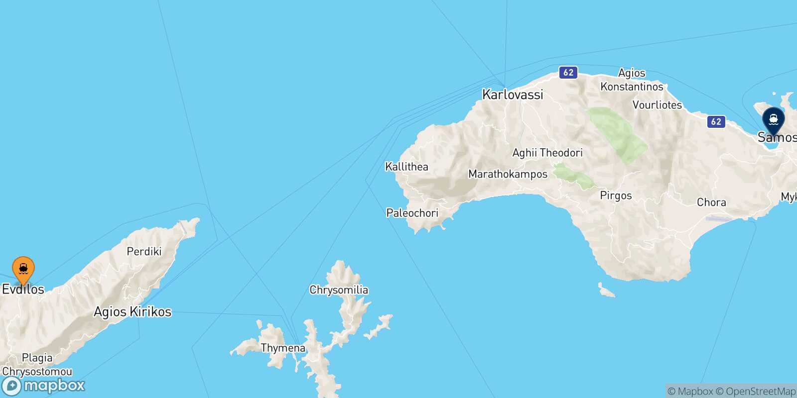Carte des traverséesEvdilos (Ikaria) Vathi (Samos)