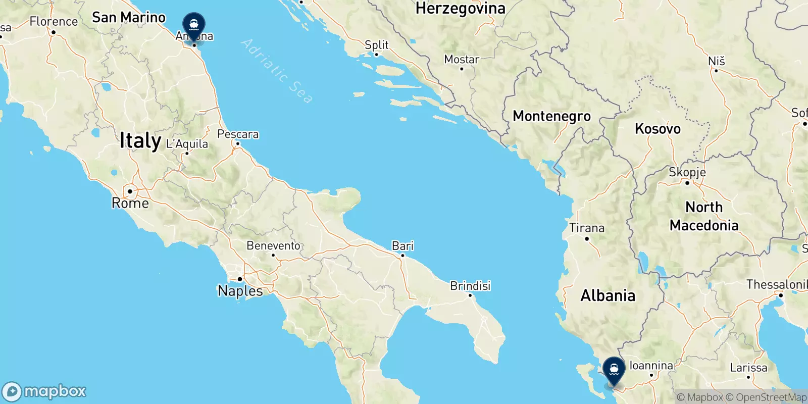 Carte des destinations Minoan Grimaldi Euromed